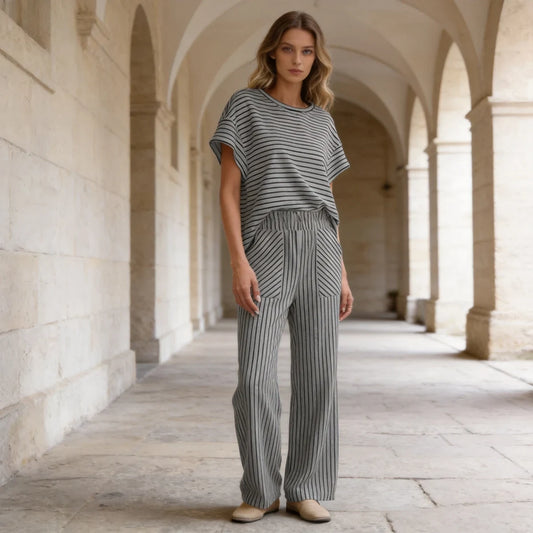 💃【S-2XL】LUMIVIA | Conjunto minimalista de verano de algodón con rayas | Corte holgado cómodo y transpirable
