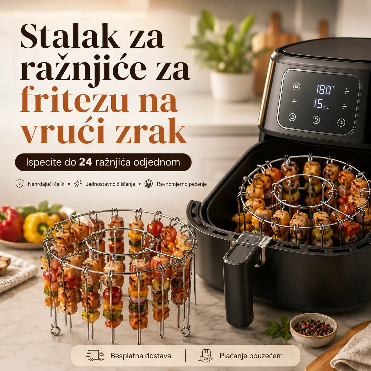 🍖🍗 Rešetka od nehrđajućeg čelika 304 s 24 ražnjića, za fritezu na vrući zrak – besplatna dostava – plaćanje pouzećem
