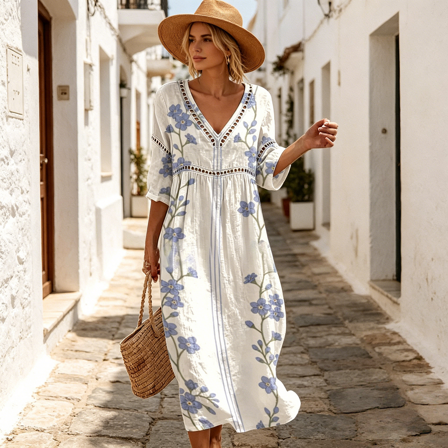 👗【S-3XL】Dlhé letné šaty z bavlny a ľanu s kvetinovou potlačou, výstrihom do V, zvýšeným pásom, voľným a priedušným strihom, zakryjú nedostatky a opticky zoštíhlia postavu.