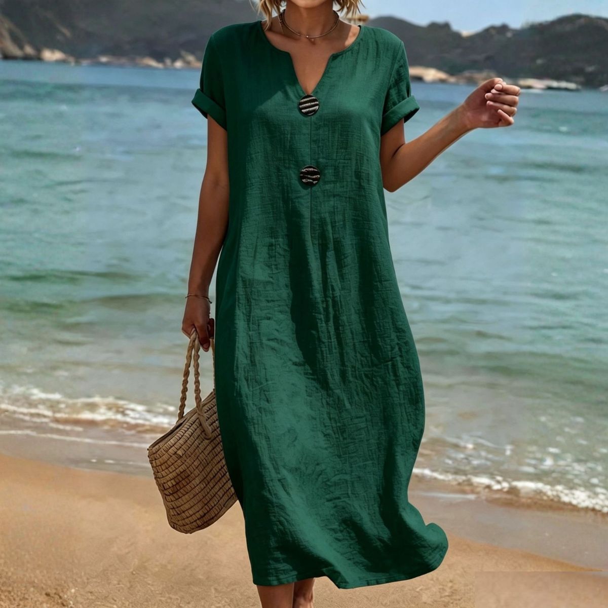 👗Letné ľanovo-bavlnené šaty na dovolenku｜Voľný zoštíhľujúci strih, ľahké a priedušné, elegantné a pohodlné po celý deň【S-3XL】