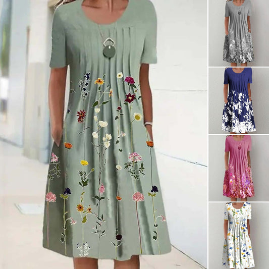 🔥🥻🏆【S-3XL】Nuevo vestido estampado de cuello redondo para mujer--3716462 