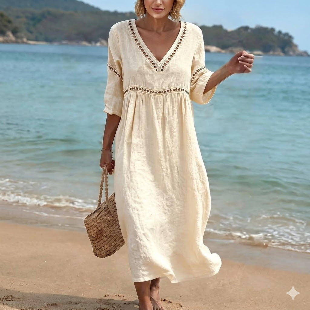 👗【S-3XL】Letné módne bavlneno-ľanové šaty s výstrihom do V, priedušné, pohodlné a nepoddajné