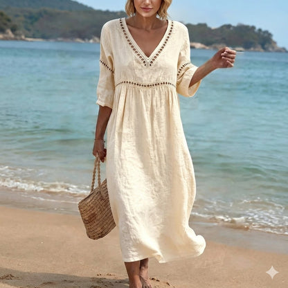 👗【S-3XL】Letné módne bavlneno-ľanové šaty s výstrihom do V, priedušné, pohodlné a nepoddajné