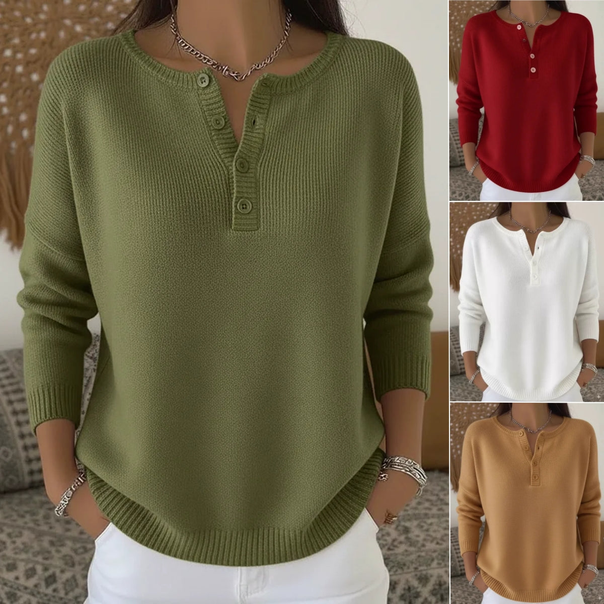💟Último día: 50% de descuento ✨【S-2XL】Suéter de cuello en V de color sólido para mujer, suelto y casual