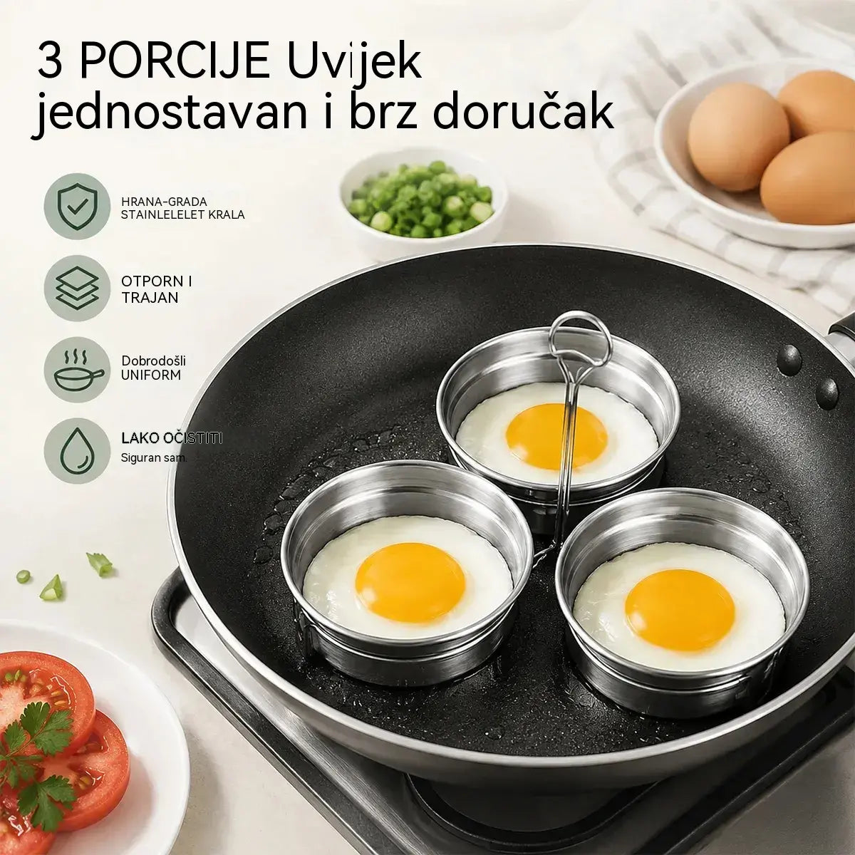 Posuda za jaja od nehrđajućeg čelika za poširana i pržena jaja – set od 3 posude u obliku srca/krugova, idealna za doručak, deserte i torte 🍳🍳🍳