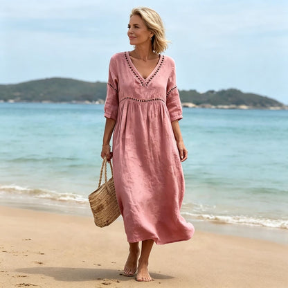👗【S-3XL】Letné módne bavlneno-ľanové šaty s výstrihom do V, priedušné, pohodlné a nepoddajné