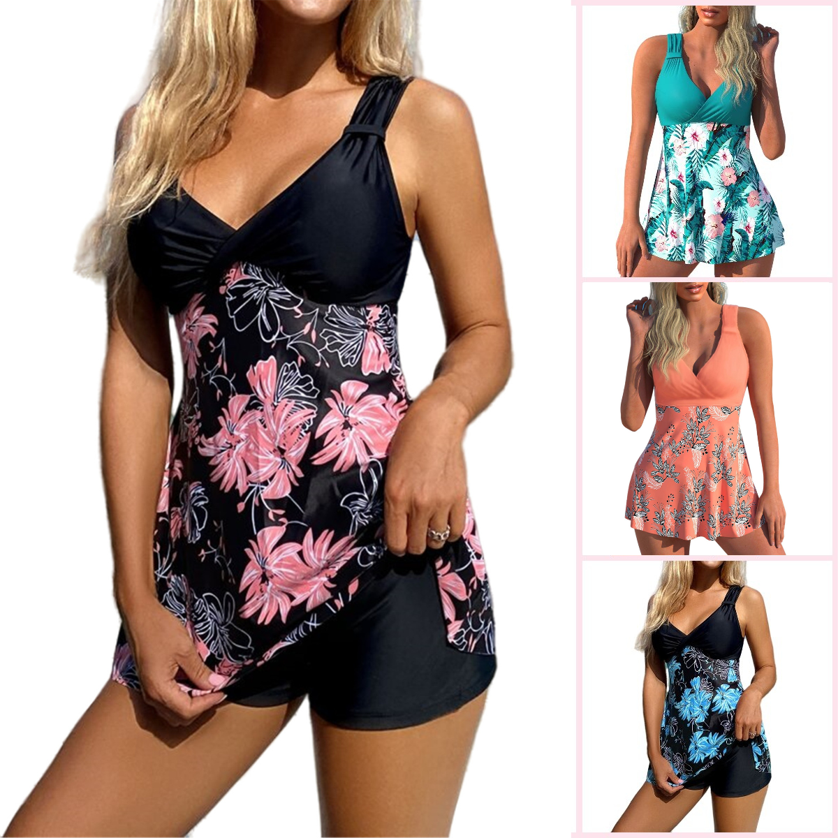 🌴🏖️🌈【S-5XL】😍 Zestaw damskich strojów kąpielowych, duży kwiatowy nadruk, spodenki, spódnica kąpielowa z odkrytymi plecami, szybkoschnący materiał
