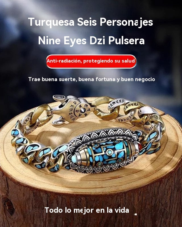 🔥Más vendido ✨ Pulsera retro de plata 925, de seis cifras, turquesa, con mantras y cuentas transferibles
