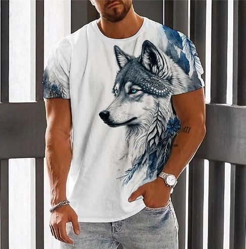 👕【2XS-6XL】🏆Nuevo producto de verano: camiseta con estampado de lobo para hombre, algodón agradable para la piel, suave y transpirable 