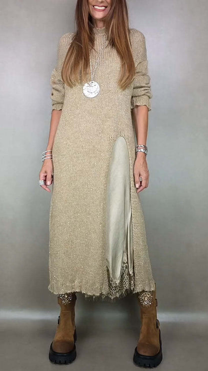 【XS-3XL】👗Novi čipkasti komplet, s prorezima, pulover dizajn, dvo-dijelni komplet haljina-pulover s trakicama i prorezom