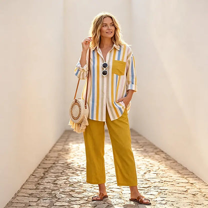 💖Najniža cijena ograničeno vrije🌸【S-5XL】🥼Nueva conjunto de primavera a rayas, conjunto de dos piezas con mangas largas y pantalones.