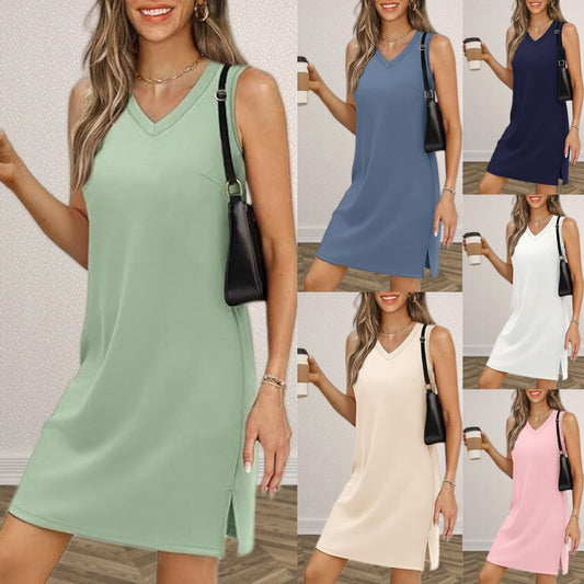 👗💟【S-2XL】Nova ljetna ležerna jednobojna haljina bez rukava s V-izrezom i prorezom na rubu, udobna i prozračna