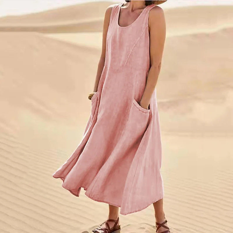 🌈👗【S-5XL】Nova elegantna jednobojna haljina bez rukava s okruglim izrezom od pamuka i lana za ljeto 2025.
