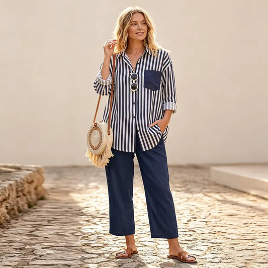💖Najniža cijena ograničeno vrije🌸【S-5XL】🥼Nueva conjunto de primavera a rayas, conjunto de dos piezas con mangas largas y pantalones.