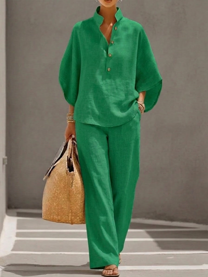Maribel | Conjunto de lino con mangas murciélago y pantalón de pierna ancha