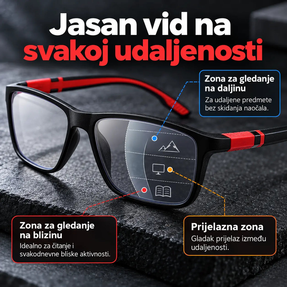 Progresivne multifokalne naočale za čitanje s laganim okvirom koji ne klizi, za gledanje na blizinu i daljinu, sa zaštitom od plavog svjetla.