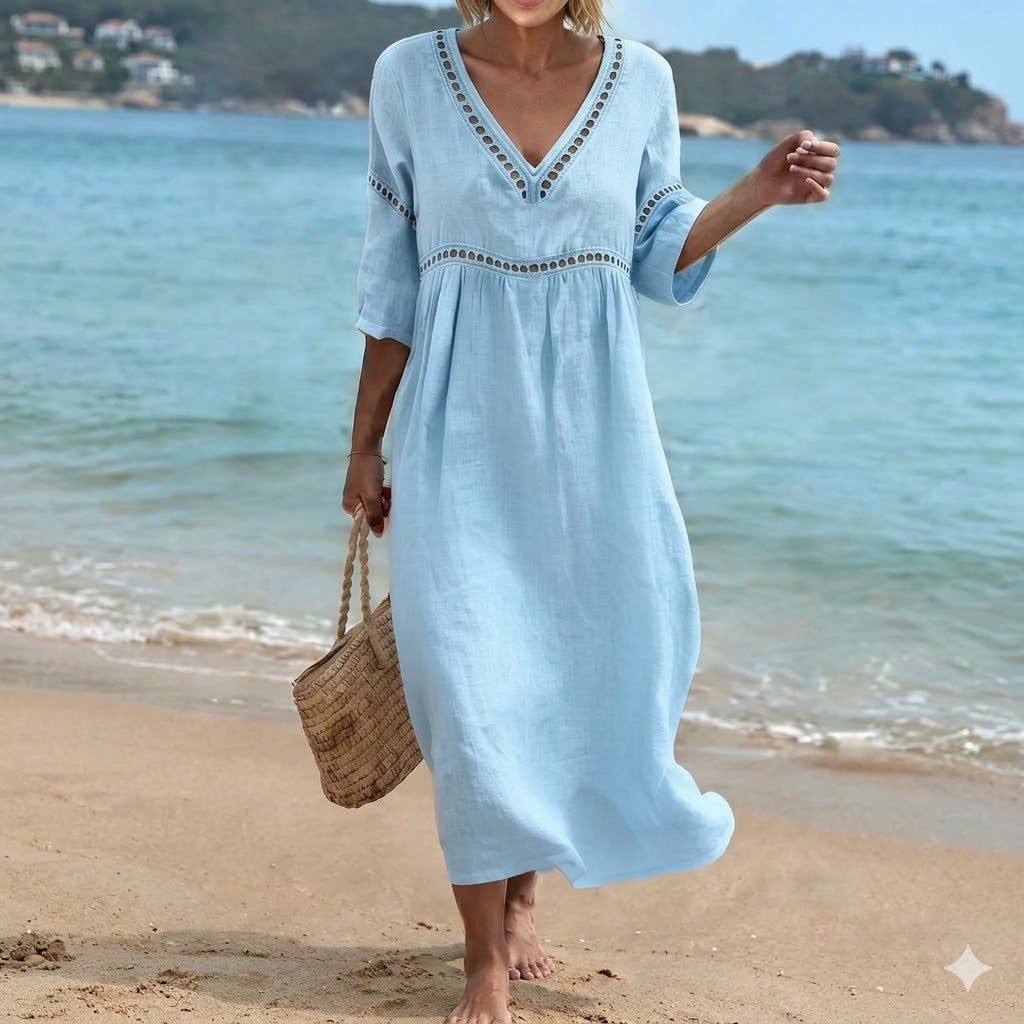 👗【S-3XL】Vestido de verano de algodón y lino a la moda con escote en V, transpirable, cómodo y que no se atasca.