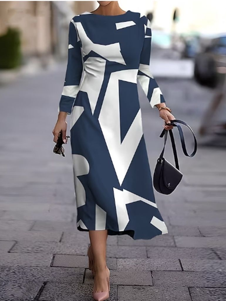 💥【Najbolje prodajano】🍂👗 Jesensko-zimska obleka z geometrijskim potiskom, modna in vsestranska, topla in udobna