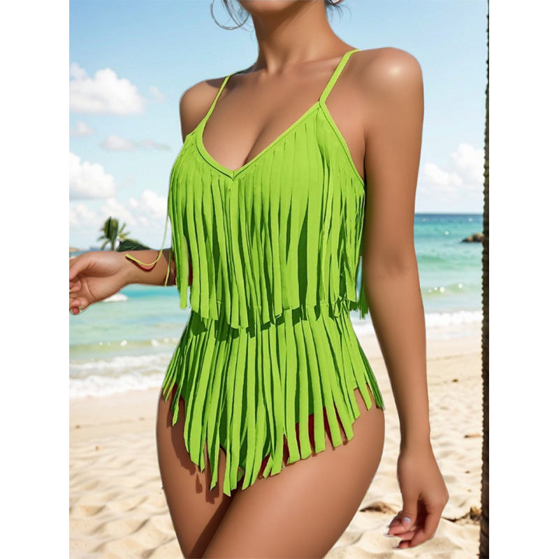 😍👙2024. [Gran oferta] Traje de baño de una pieza sin espalda con borlas y escote en V - 3691289 