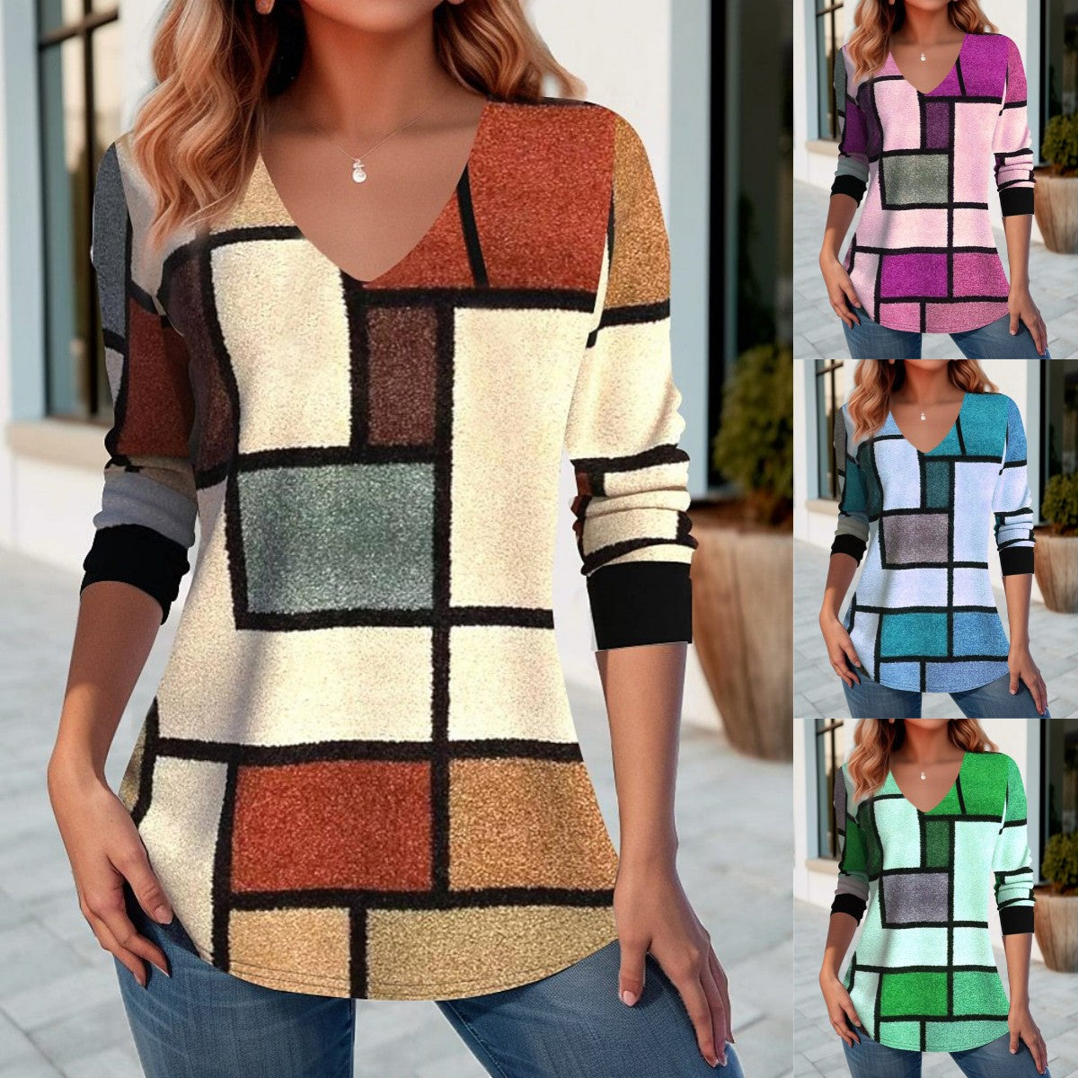 💥[S-5XL] Camiseta de manga corta con cuello en V, suéter de manga larga para otoño e invierno 2024 - 3785553 