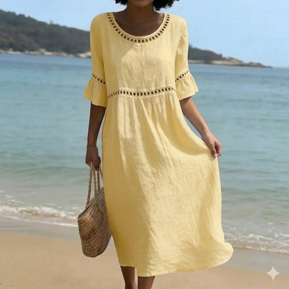 ✨👗【S-3XL】Nova ljetna haljina od prirodnog lana, dizajn puf rukava, svježa i prozračna, super mekana i udobna.