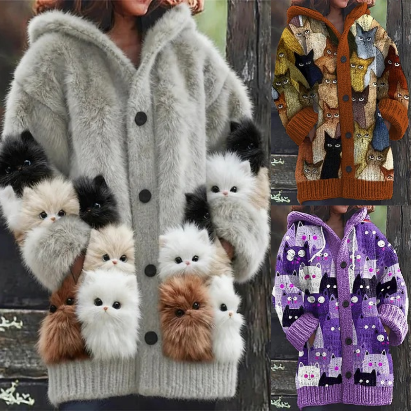 🔥🐾【Časovno omejen popust -50%】 Ženski eleganten in ljubek plašč s kapuco in živalskim potiskom, popoln za jesen in zimo 🧥✨-E