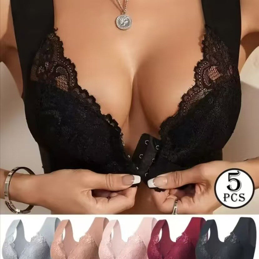 💖【Set od 5 dijelova】【40-100 kg】😍Grudnjak s push-up efektom, nježna čipkasta leđa, plus size dizajn, kopčanje sprijeda