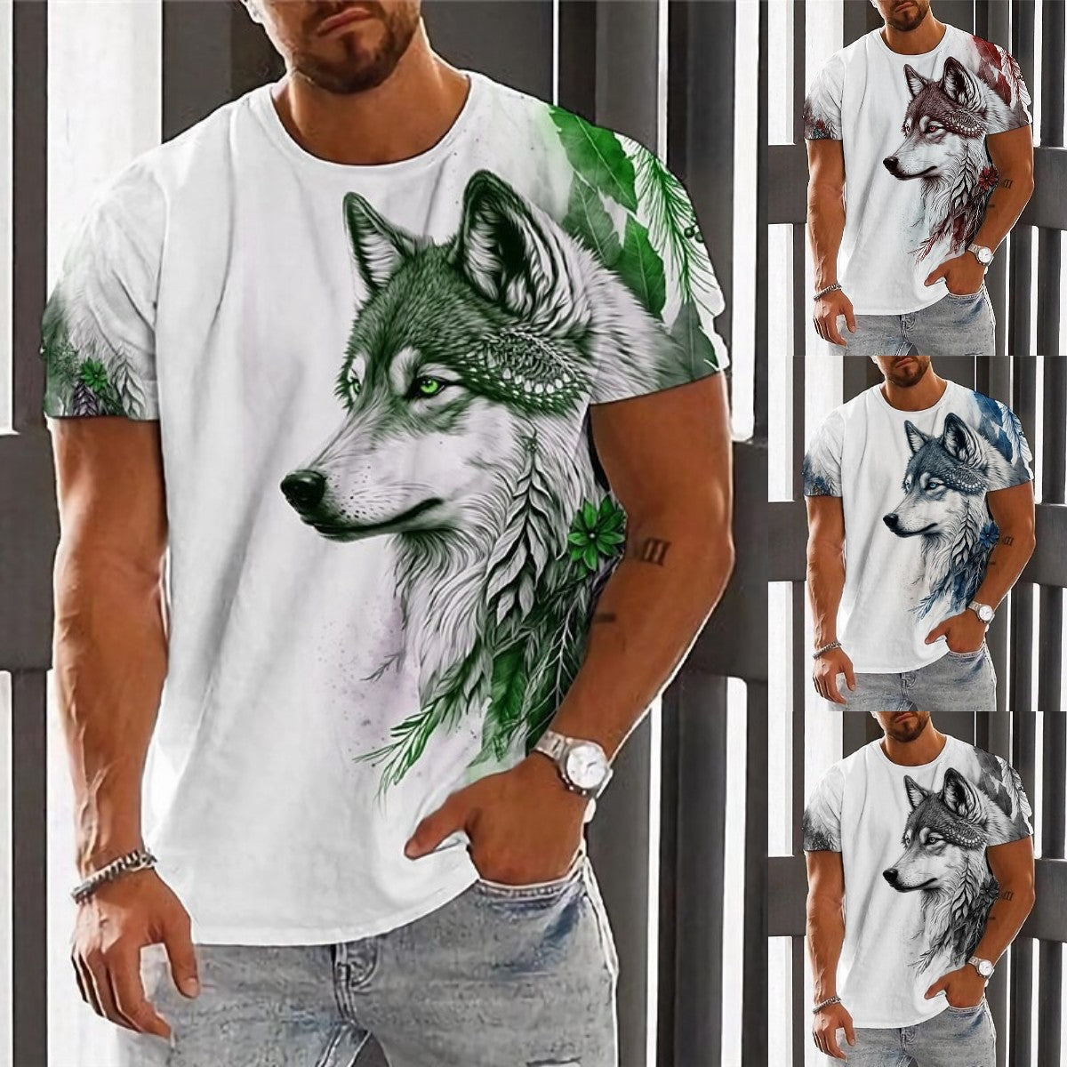 👕【2XS-6XL】🏆Nuevo producto de verano: camiseta con estampado de lobo para hombre, algodón agradable para la piel, suave y transpirable 