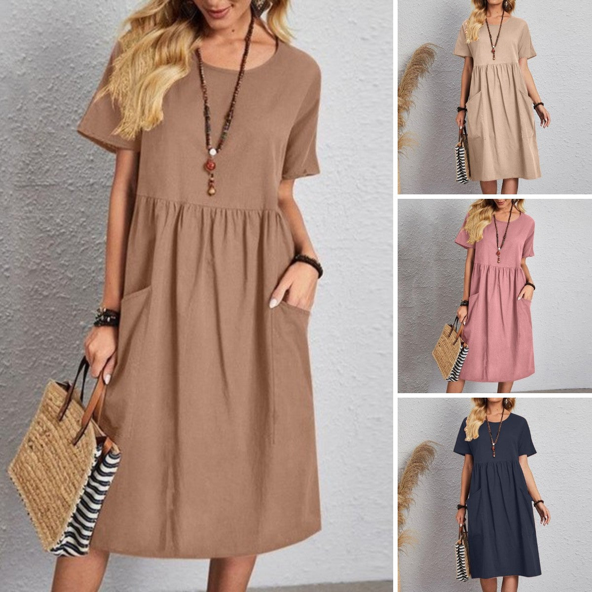 👗Veliko sniženje cijene na ograničeno vrijeme💥【S~5XL】Nova ljetna haljina s okruglim izrezom, kratkim rukavima, od pamuka i lana za 2025.
