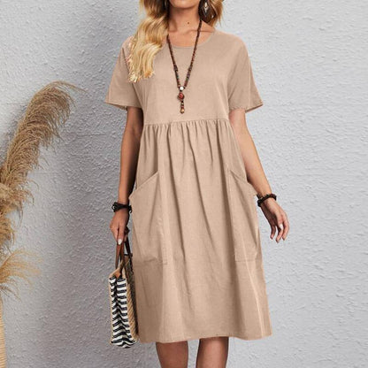 👗Veliko sniženje cijene na ograničeno vrijeme💥【S~5XL】Nova ljetna haljina s okruglim izrezom, kratkim rukavima, od pamuka i lana za 2025.