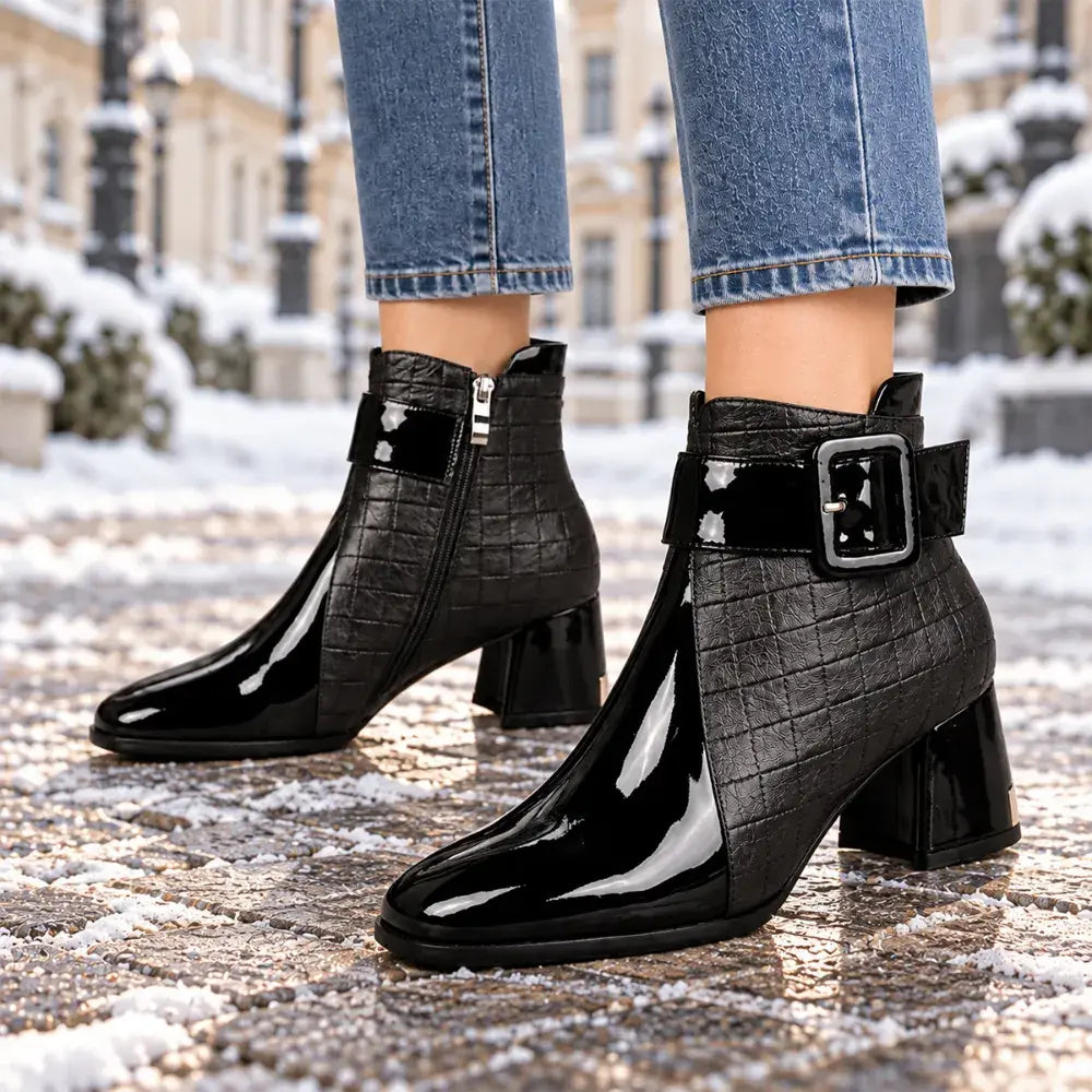👠【35-40】Moderne gležnjače s četvrtastim vrhom, širokom petom i detaljima krokodilskog uzorka, elegantnog izgleda.