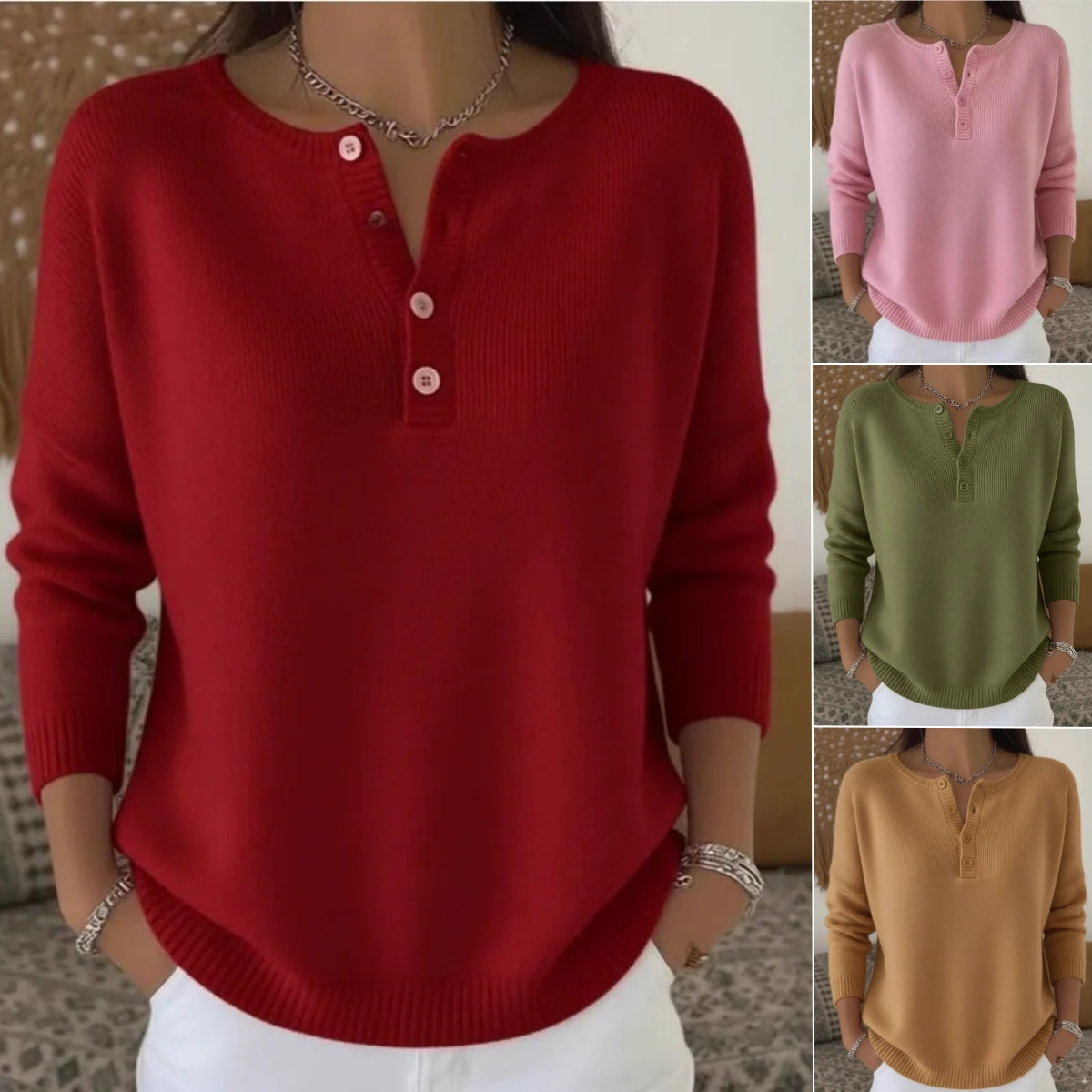 💟Último día: 50% de descuento ✨【S-2XL】Suéter de cuello en V de color sólido para mujer, suelto y casual