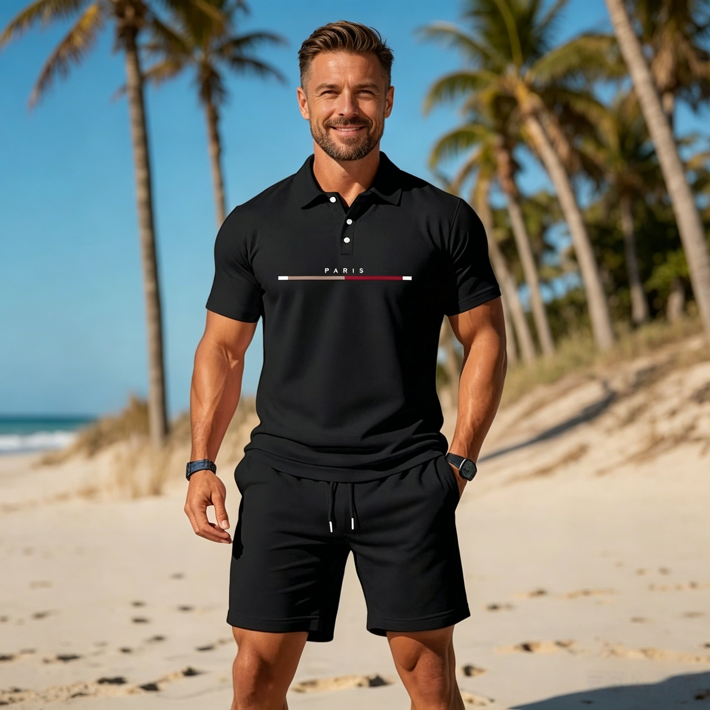 【L-5XL】Conjunto deportivo informal para hombre, compuesto por polo de manga corta y pantalón corto holgado a juego, ligero y suave, muy cómodo para el uso diario.