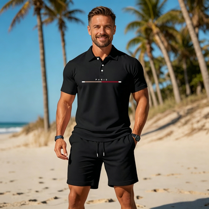 【L-5XL】Conjunto deportivo informal para hombre, compuesto por polo de manga corta y pantalón corto holgado a juego, ligero y suave, muy cómodo para el uso diario.