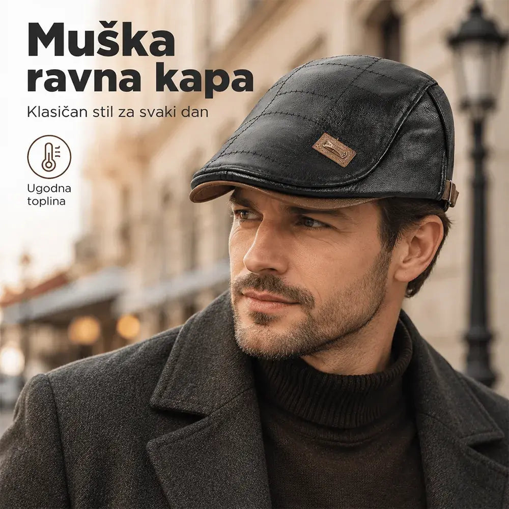 Muška retro kapa s kožnim uzorkom i reljefnim šavovima, elegantnog izgleda, idealna za svakodnevne jesenske i zimske kombinacije.