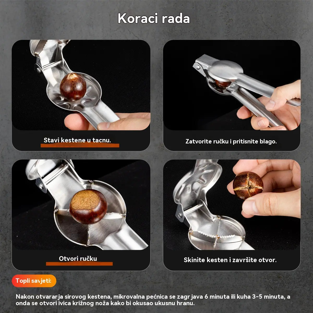 Kućna kopča za otvaranje kestena, lako se otvara jednim dodirom bez ozljeđivanja ruku!