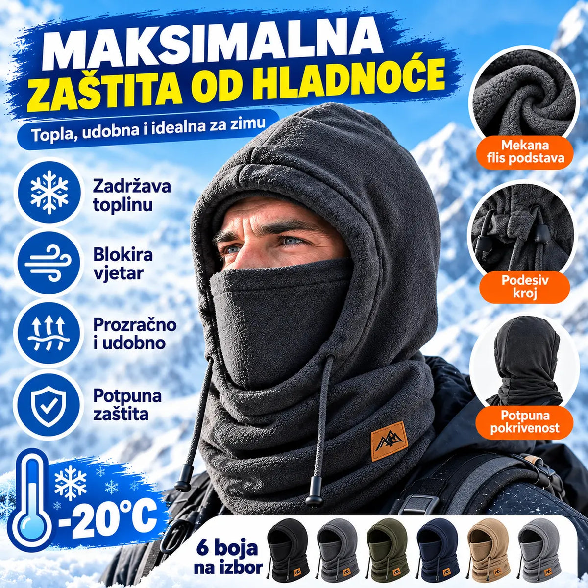 ❄️ Potpuno termalna kapa s flis podstavom koja grije do -20 stupnjeva Celzija. ⛷️ Idealna za skijanje, vožnju motociklom i aktivnosti na otvorenom.