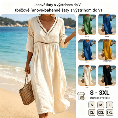 👗【S-3XL】Letné módne bavlneno-ľanové šaty s výstrihom do V, priedušné, pohodlné a nepoddajné