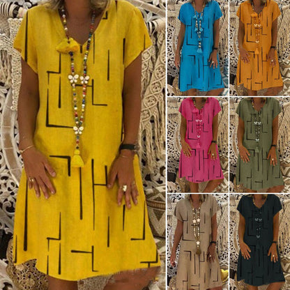 👗【S-5XL】Nuevo vestido de algodón con cuello en V y estampado 3622511 