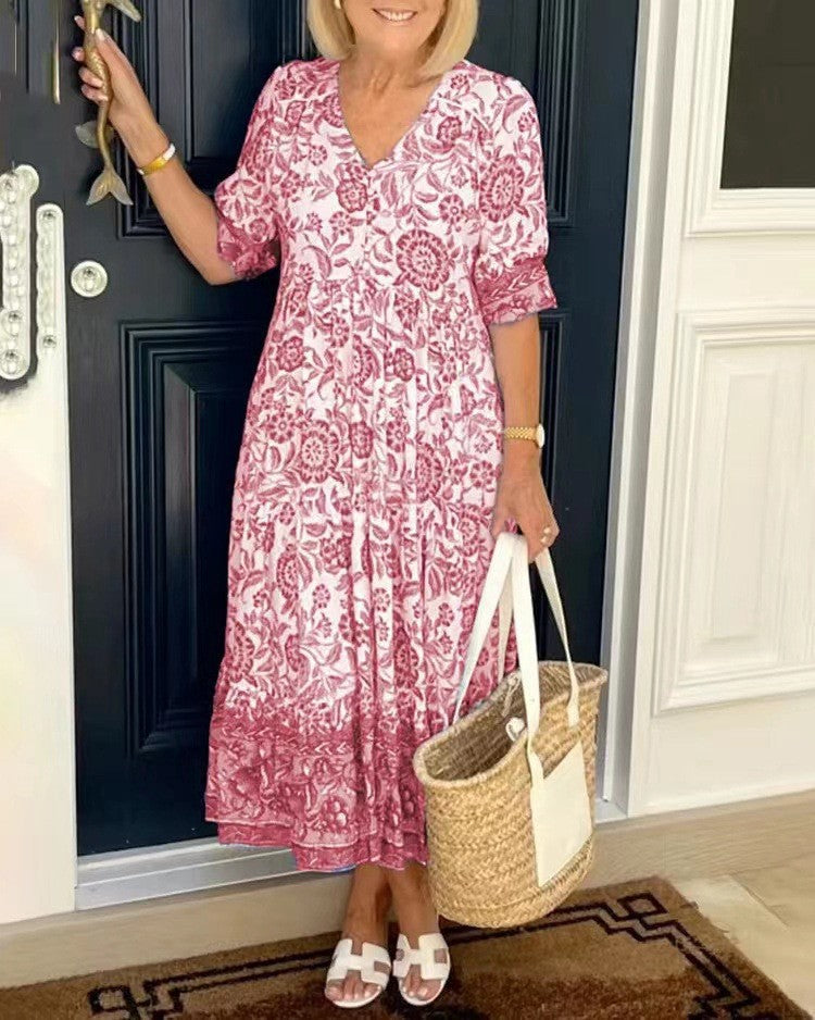 💃【S-3XL】Nova elegantna duga haljina s cvjetnim V-izrezom. 【50-110 kg】-Plaćanje pouzećem