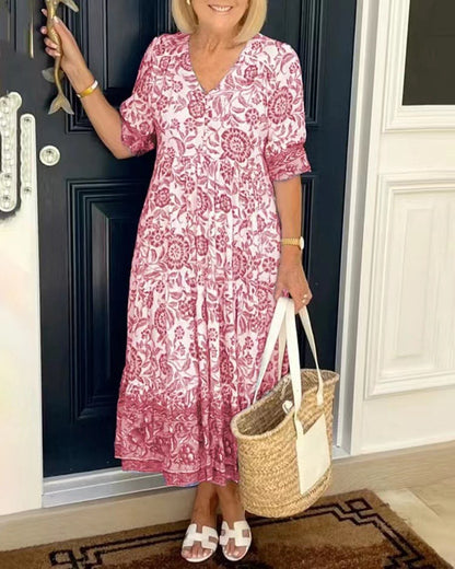 💃【S-3XL】Nova elegantna duga haljina s cvjetnim V-izrezom. 【50-110 kg】-Plaćanje pouzećem