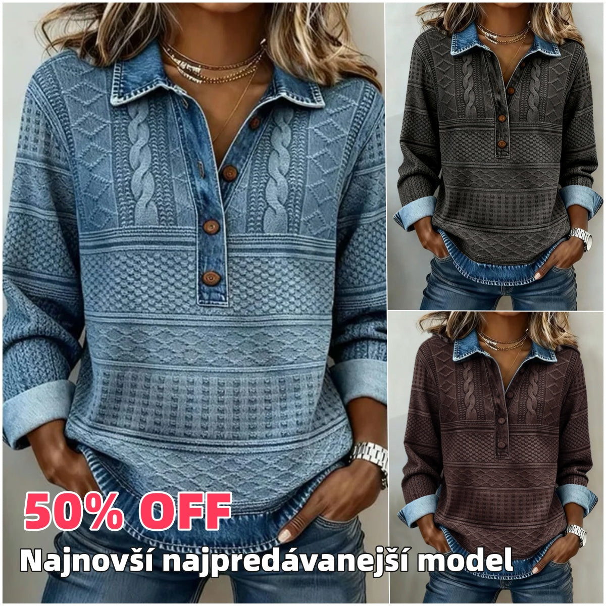 🎁【50% POPUST】Nova visokokakovostna modna majica s kontrastnim šivom in pol-zapenjanjem — modna retro, enostavna za ujemanje