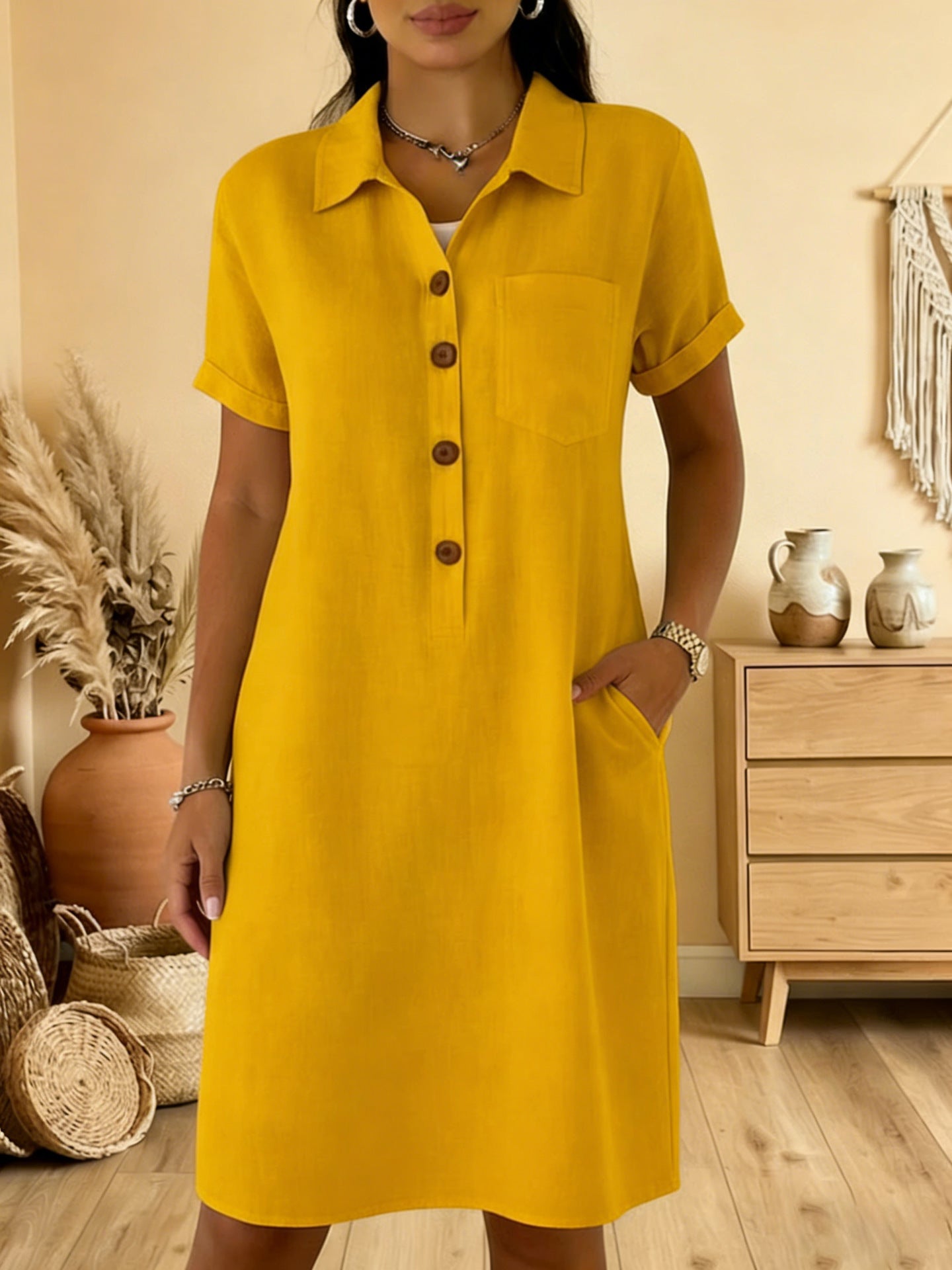 ⏰🍋【S-3XL】Ženska košulja haljina od mješavine lana i pamuka, kratki rukavi, široki kroj, s džepovima, ljetna haljina za posao i godišnji odmor