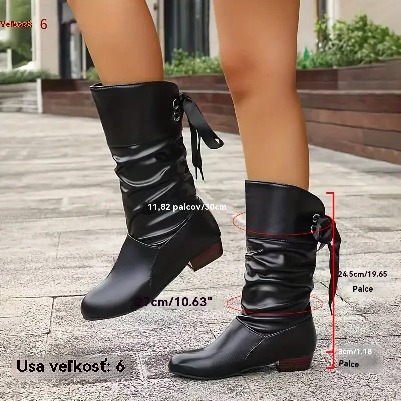 👢⚡️Limitovaná 50% zľava【36-43】Nové dámske zimné čižmy po lýtka s hrubým podpätkom❄️Módne šnurovacie jednofarebné pohodlné čižmy👢