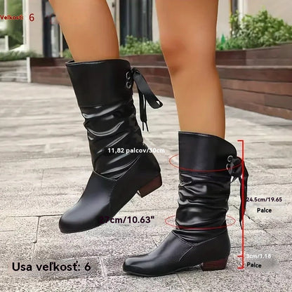 👢⚡️Limitovaná 50% zľava【36-43】Nové dámske zimné čižmy po lýtka s hrubým podpätkom❄️Módne šnurovacie jednofarebné pohodlné čižmy👢
