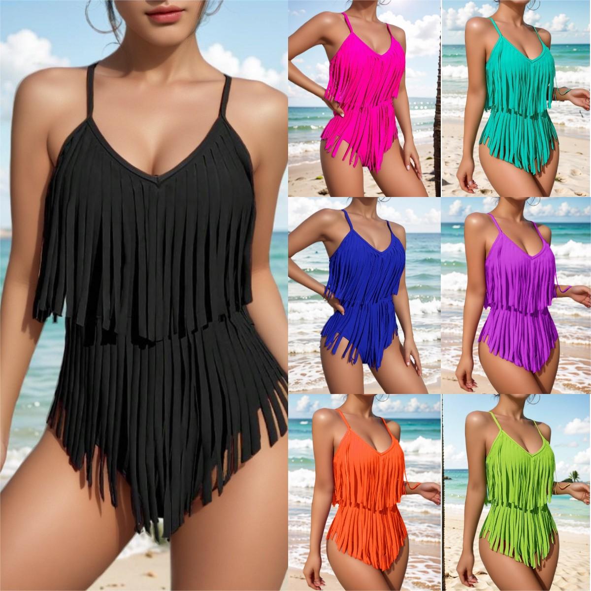 😍👙2024. [Gran oferta] Traje de baño de una pieza sin espalda con borlas y escote en V - 3691289 