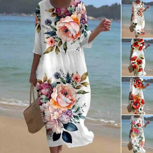 🔥🥻【S-5XL】Nova haljina s okruglim izrezom od prirodnog pamuka i lana s cvjetnim uzorkom, 2025.