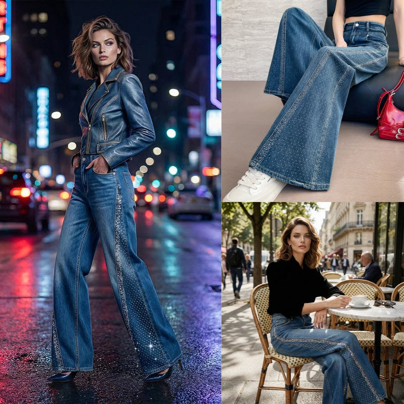 🌼【Proljetna akcija -49%】✨Nove proljetno-ljetne ženske traperice širokih nogavica s cirkonskim ukrasima, široki kroj, elegantan dizajn.