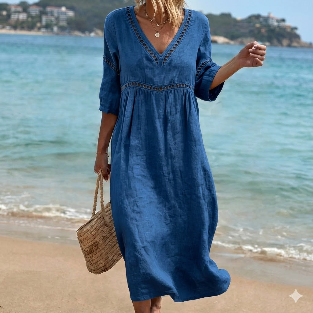 👗【S-3XL】Letné módne bavlneno-ľanové šaty s výstrihom do V, priedušné, pohodlné a nepoddajné