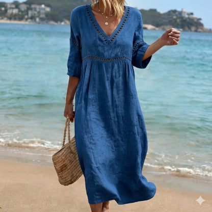 👗【S-3XL】Letné módne bavlneno-ľanové šaty s výstrihom do V, priedušné, pohodlné a nepoddajné